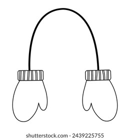 Coloring page with simple pair of mittens. Black and white winter gloves. Isolated on white.
