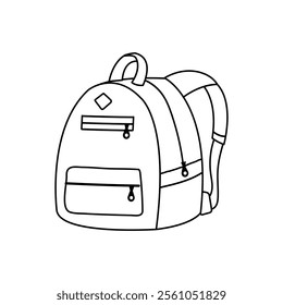 A coloring page with a simple school backpack. Black and white doodle rucksack.