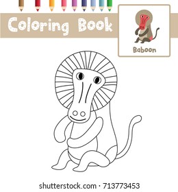 Coloring page of Sitting Baboon animals for preschool kids activity educational worksheet. Vector Illustration.