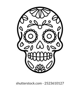 Coloring page of skull with flowers and leaves on it. The skull hand drawn doodle style in black and white