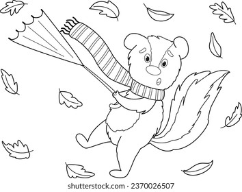 Coloring page with skunk and umbrella