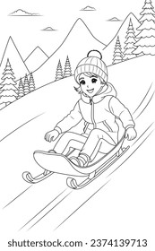 Coloring page a sledding adventure down a snowy hill of a child