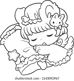 coloring page sleeping girl kawaii style cute anime cartoon drawing illustration vector