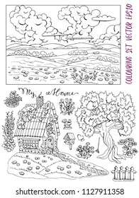 Coloring page with small country cottage, tree, flowers, landscape and bird house. Vintage country set with rural design elements, hand drawn black and white vector illustration 