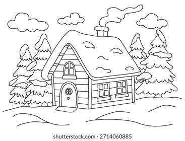 Página para colorear. Una casa Pequeña, linda, casa de campo en el bosque cubierto de nieve. Simple página de invierno para colorear.