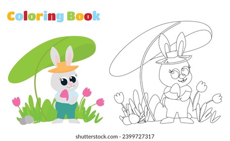 Coloring page. A small cute Easter bunny is standing with a painted egg in his hands. Illustration in cartoon style.