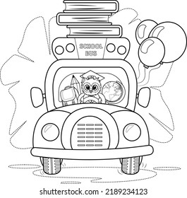Coloring page. Smart owl driving a school bus, with balloons and school supplies