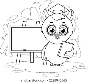 Coloring page. Smart owl with a school board and a book