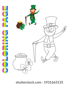 Coloring page with smiling leprechaun holds a coin in his hand and  pot of gold.
