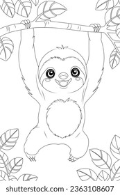 Coloring page a smiling sloth hanging from a tree branch