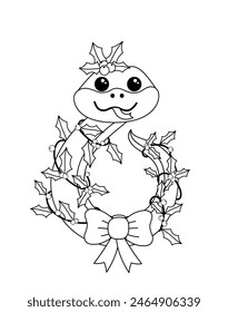 Coloring page. Snake in form of Christmas wreath. Black and white snake. Color me. Isolated vector illustration eps 10