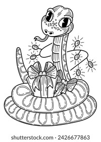 Coloring page snake with gifts and New Year garland. Hand drawn sketch illustration.