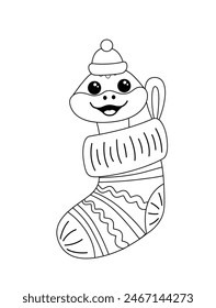 Seite färben. Schlange im Strumpf. Weihnachtsmusiken Socke. Schwarze und weiße Schlange. Färbe mich. Isolierte Vektorillustration eps 10