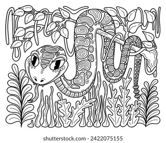 Coloring page snake in tropical jungle sketch. Hand drawn line art illustration.