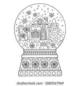 Coloring page snow globe, thin line art. A Christmas gift. Winter decor. Hand drawn vector illustration. Isolated simple doodle element. Coloring book for children and adults.