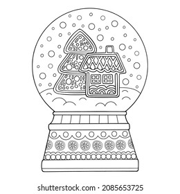 Coloring page snow globe, thin line art. A Christmas gift. Winter decor. Hand drawn vector illustration. Isolated simple doodle element. Coloring book for children and adults.