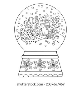 Coloring page snow globe, thin line art. A Christmas gift. Winter decor. Hand drawn vector illustration. Isolated simple doodle element. Coloring book for children and adults.