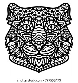 Coloring Page snow leopard with ethnic doodle patterned illustration.