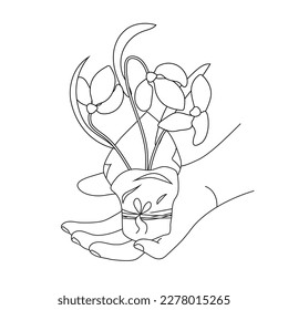 Coloring page Snowdrops in paper packaging tied with string in hand. Vector line art first flowers.