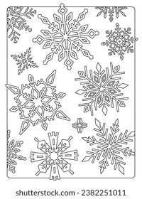 Colorear página con copos de nieve de diferentes formas y tamaños.