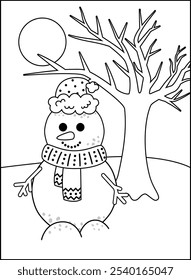 Coloring page. Snowman and tree. Black and white snowman. Color me. Isolated vector illustration eps 10