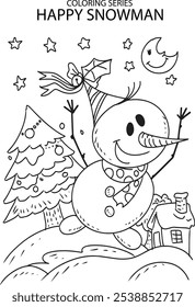 coloring page snowman and xmas tree