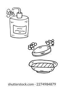 Coloring Page Soap, liquid soap in bottle with dispenser. Vector Educational worksheet. Paint game. Elements for coloring book, page, printing, design illustrations in the style of outline for kids.