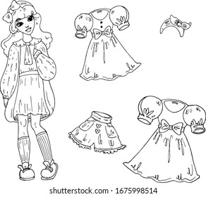 Coloring page with soft girl style hand drawing cartoon cute clothes set for children template vector