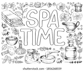 Coloring Page with spa care elements. Vector line art illustration.