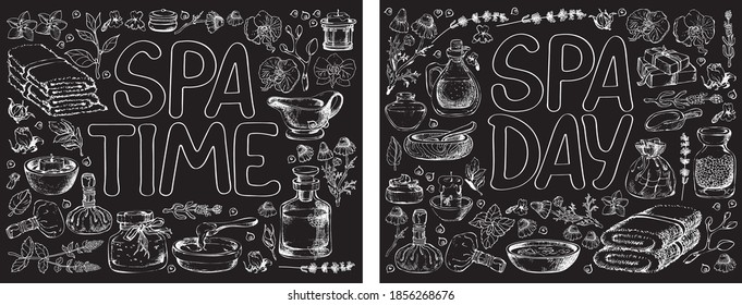 Coloring Page with spa care elements. Vector line art illustration.