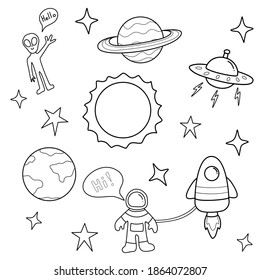 coloring page ,space concept  Astronaut ,Rocket ,Earth planet ,star,Saturn,Sun and Moon outline vector