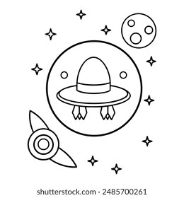 coloring page ,space concept Rocket ,Earth planet ,star,Saturn,Sun and Moon outline vector