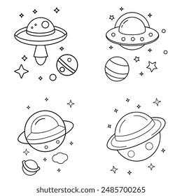 coloring page ,space concept Rocket ,Earth planet ,star,Saturn,Sun and Moon outline vector