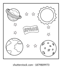 coloring page ,space concept Sun,Earth planet ,star,Saturn and Moon outline vector