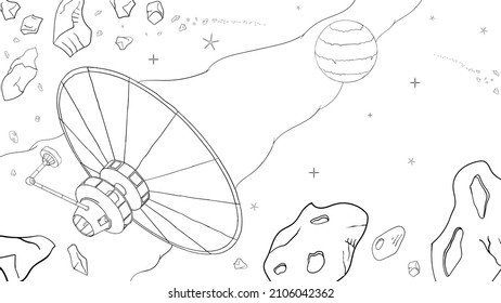 Coloring page space in line art style on white background. Vector illustration white background. Line drawing. Cosmos art. Space travel fantasy. Adult coloring game.