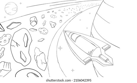 Colorear el espacio de la página en el estilo de arte en línea sobre fondo blanco. Fondo blanco de la ilustración del vector. Dibujo de línea. Arte Cosmos. Fantasía de viajes espaciales. Juego de coloración para adultos.