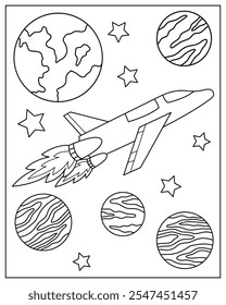 Dibujo para colorear de cohete espacial y planetas para niños