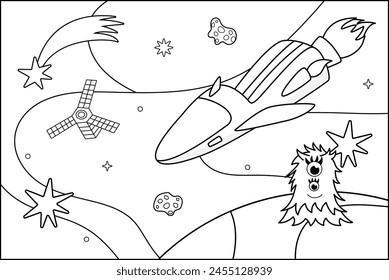 Coloring page. Spaceship, monster, satellite, comet. Black and white space. Color me. Isolated vector illustration eps 10