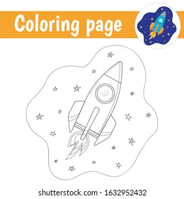 Coloring page. A spaceship in the sky with stars. Coloring book for children.