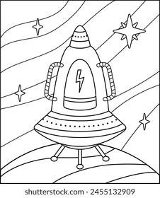 Coloring page. Spaceship is standing on planet. Black and white space. Color me. Isolated vector illustration eps 10