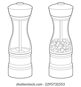 Coloring page. Spice grinder. Empty and filled pepper box. Kitchen utensils isolated on white. Black line.
