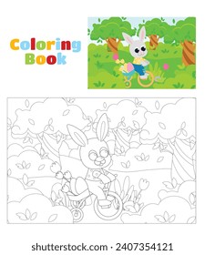 Coloring page. Spring illustration of a cute bunny on a bicycle. The rabbit is in a meadow among trees and flowers.
