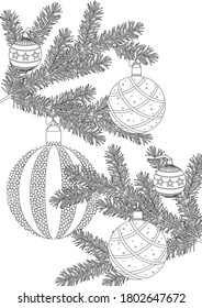 Coloring page with spruce branch, Christmas balls as anti-stress therapy for adults. Outline vector stock illustration with colorless needles for print in coloring book. Сoncept of christmas, winter