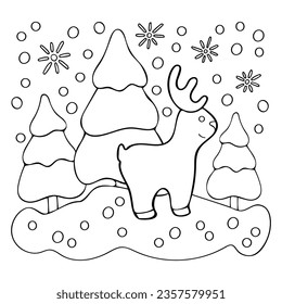 Coloring page spruce forest with reindeer. Hand drawn line art illustration.