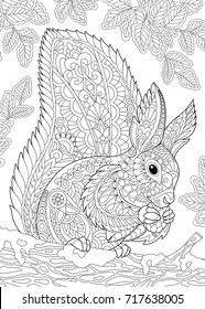 Coloring page of squirrel eating pine cone. Freehand sketch drawing for adult antistress coloring book in zentangle style.