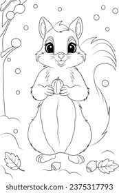 Coloring page a squirrel gathering acorns in the snow.