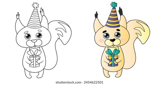 Coloring page squirrel with a gift. Vector illustration color and black and white. Squirrel's birthday. Cartoon squirrel clipart.