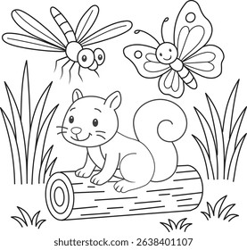 Coloring page of a squirrel on a log with a dragonfly and butterfly in a grassy scene illustration