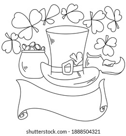 Coloring page for St. Patrick's Day, clover, shoe, hat and pot of gold as symbols of the holiday, frame in the form of a roll of paper vector illustration