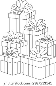 Coloring page a stack of beautifully wrapped Christmas gifts.